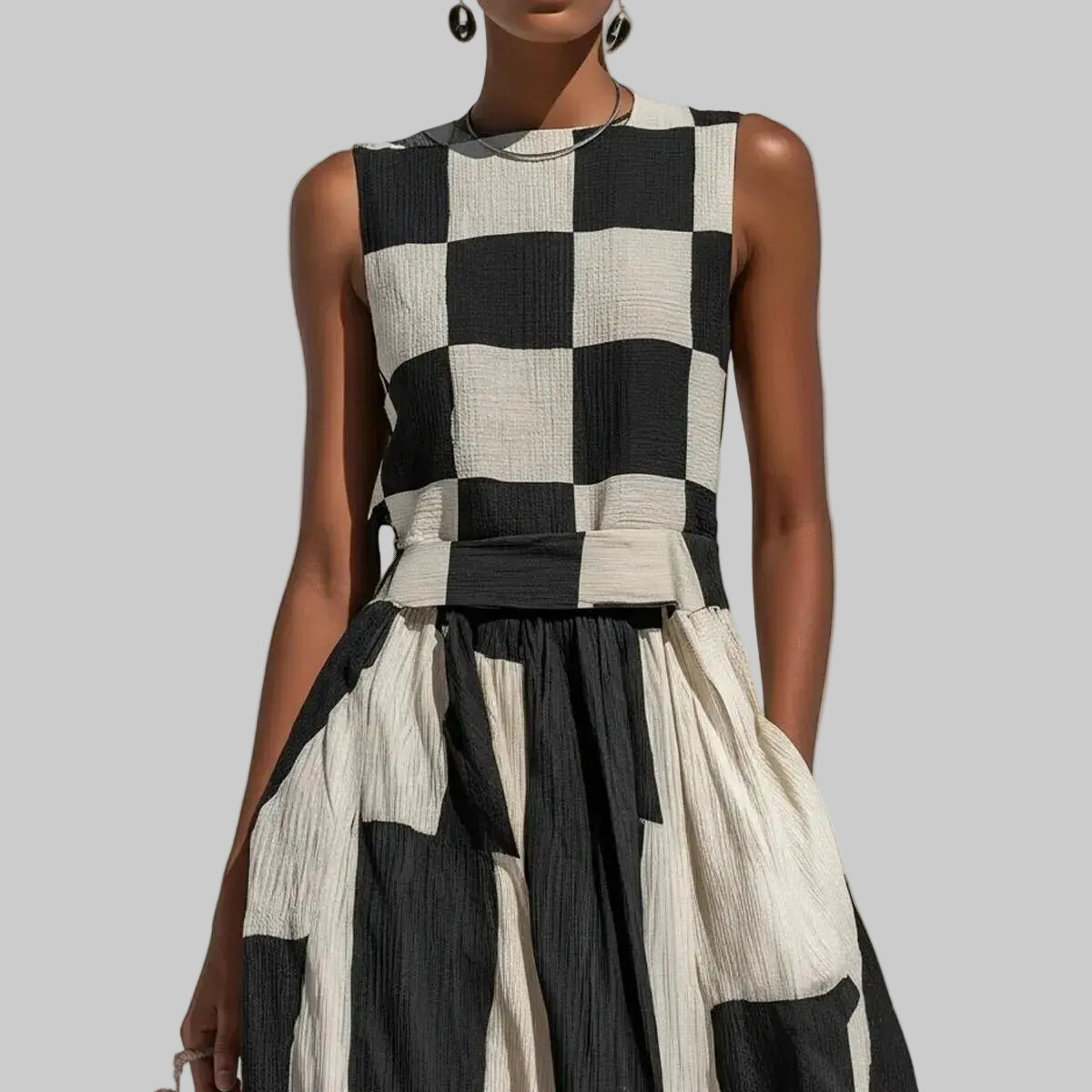 Noa Vestido Maxi Geométrico en Blanco y Negro