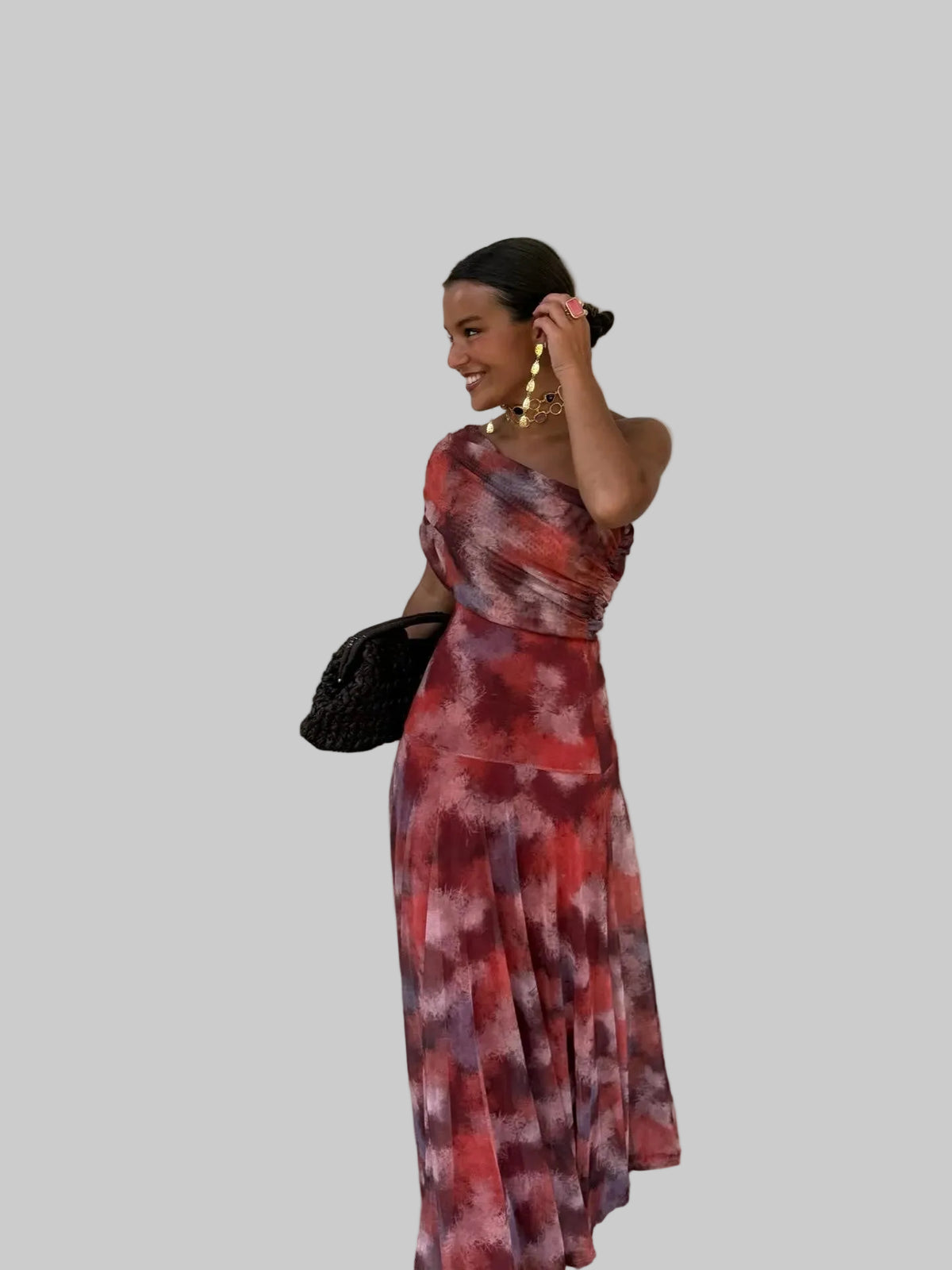 Vestido Largo de Hombro Caído con Estampado en Acuarela