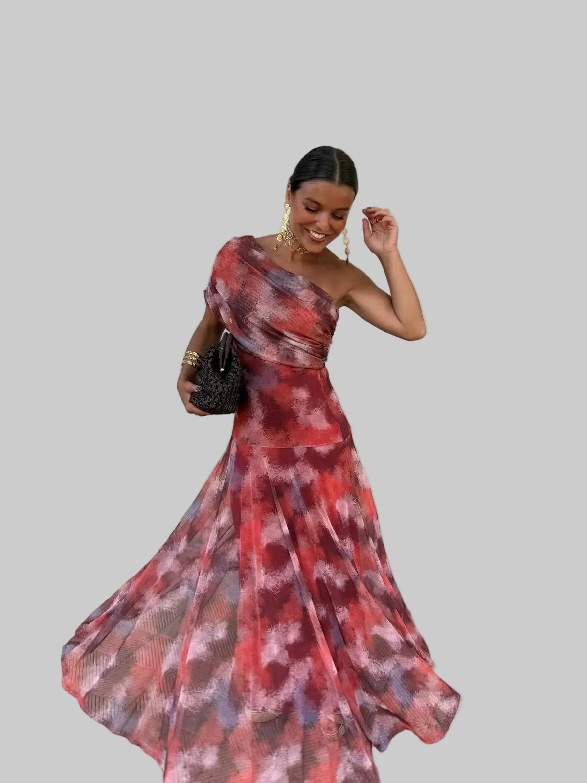 Vestido Largo de Hombro Caído con Estampado en Acuarela