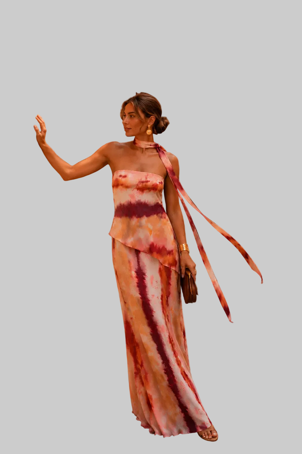 Vestido largo estampado con escote palabra de honor