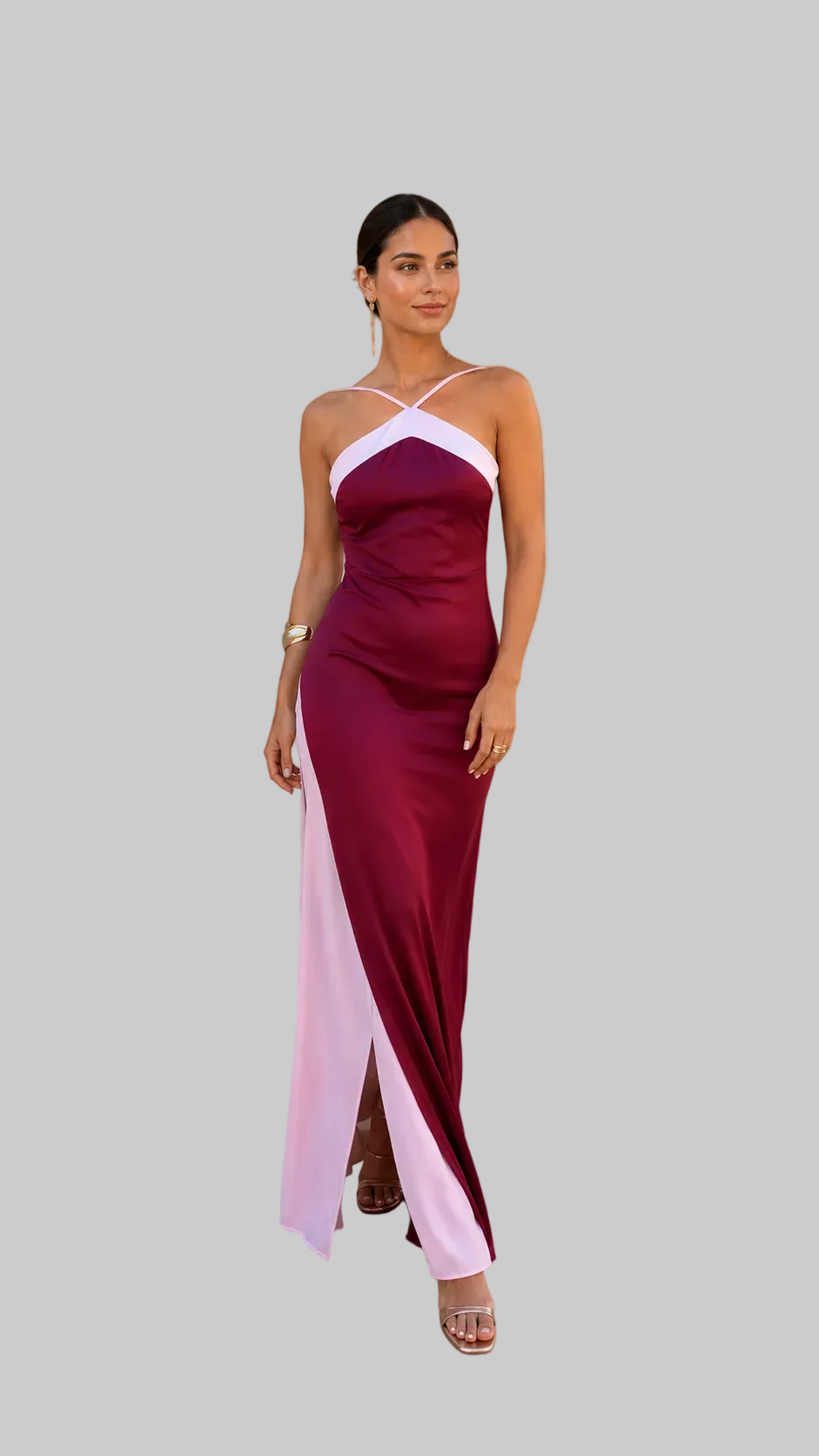 Vestido largo satinado con escote cruzado