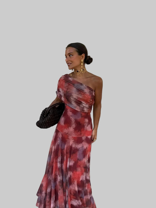 Vestido Largo de Hombro Caído con Estampado en Acuarela
