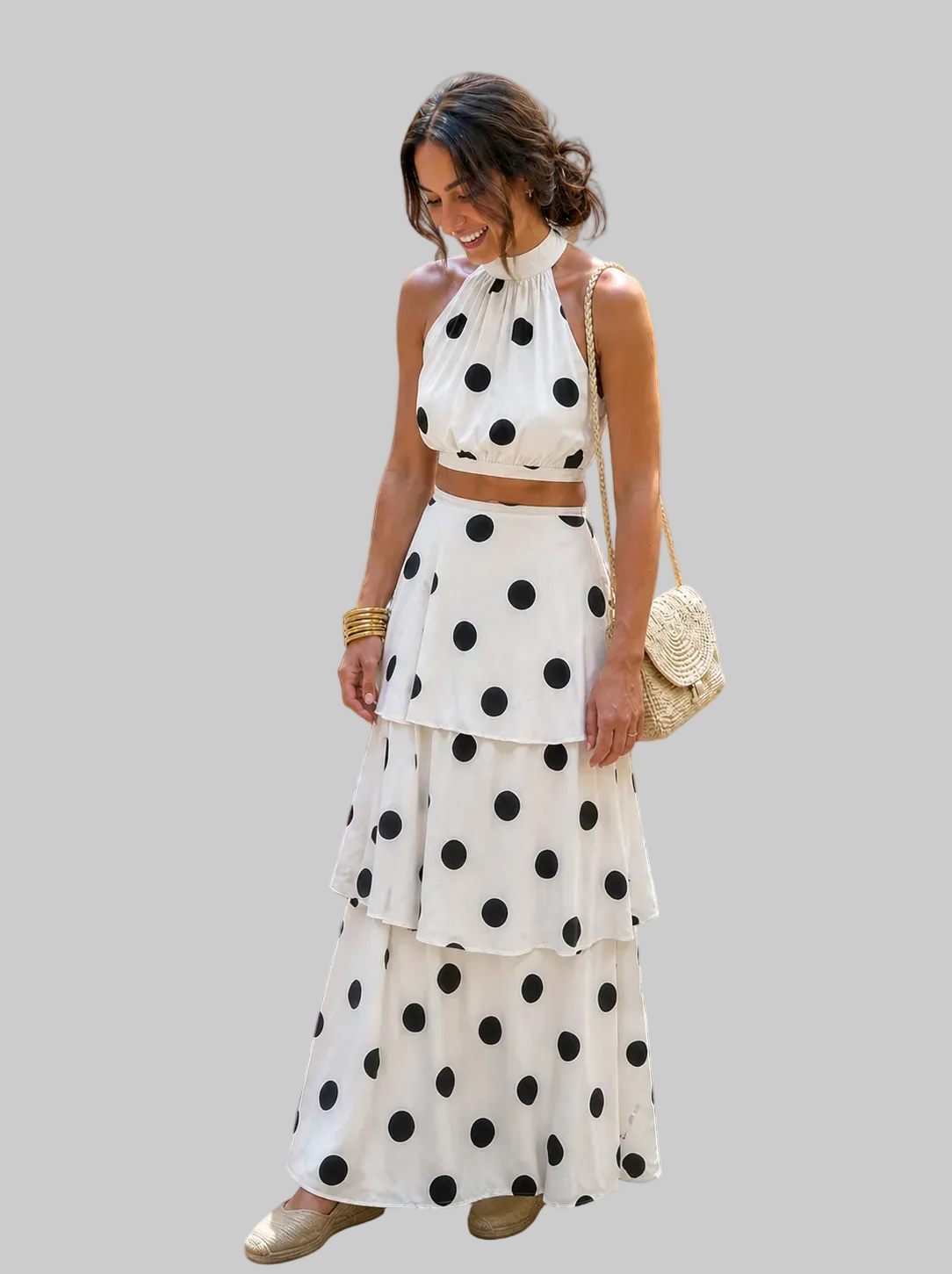 Conjunto top y falda larga de lunares
