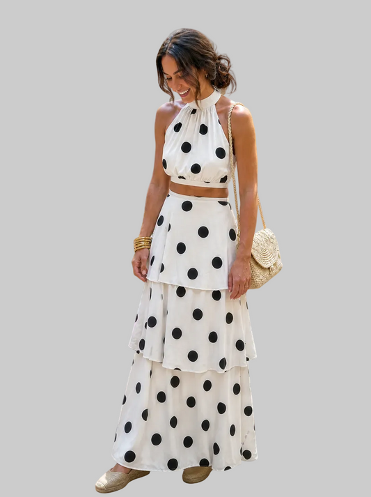 Conjunto top y falda larga de lunares