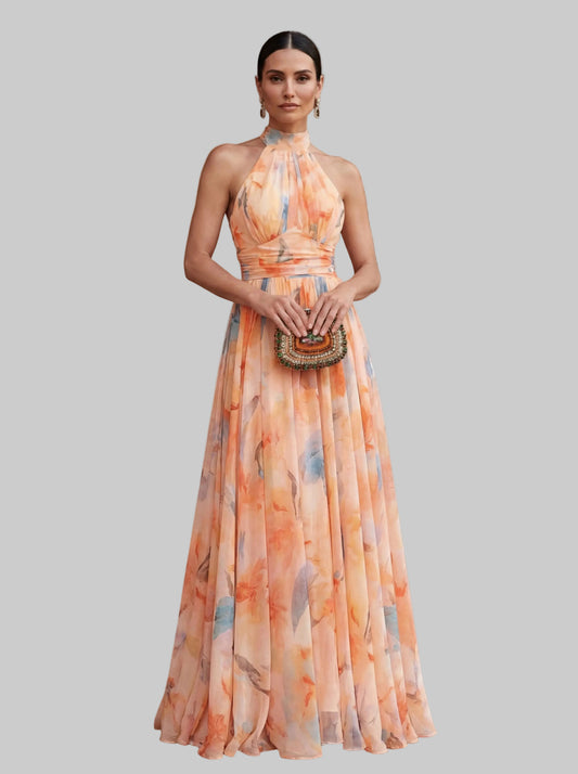 Vestido de cuello halter con estampado de acuarela