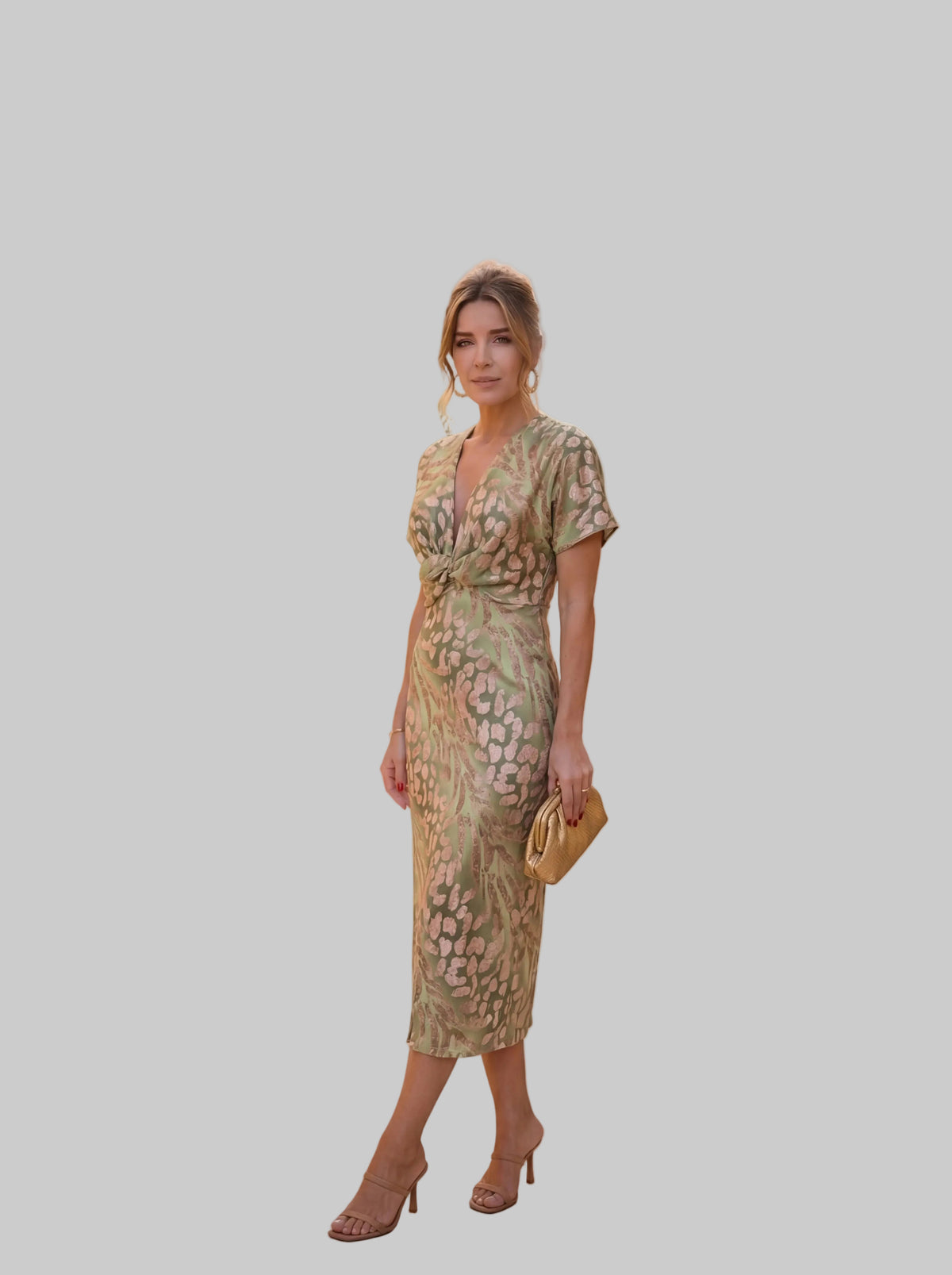 Vestido midi efecto estilizador con nudo central y caída fluida
