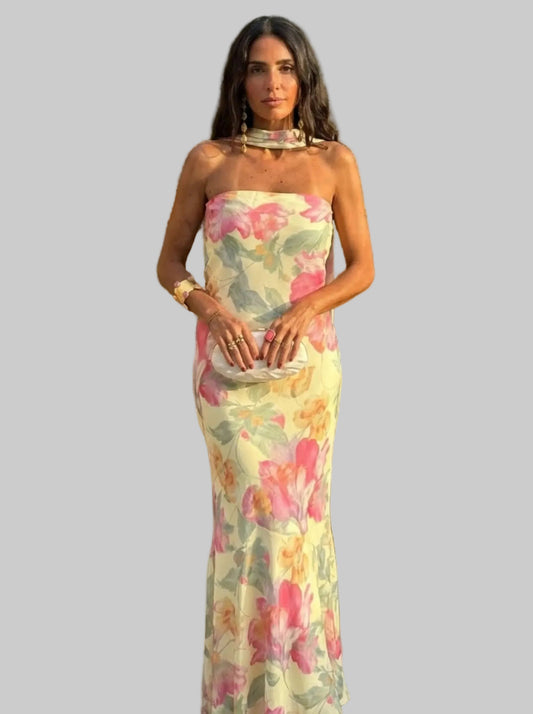 Vestido Largo Sin Tirantes Estampado Floral en Acuarela