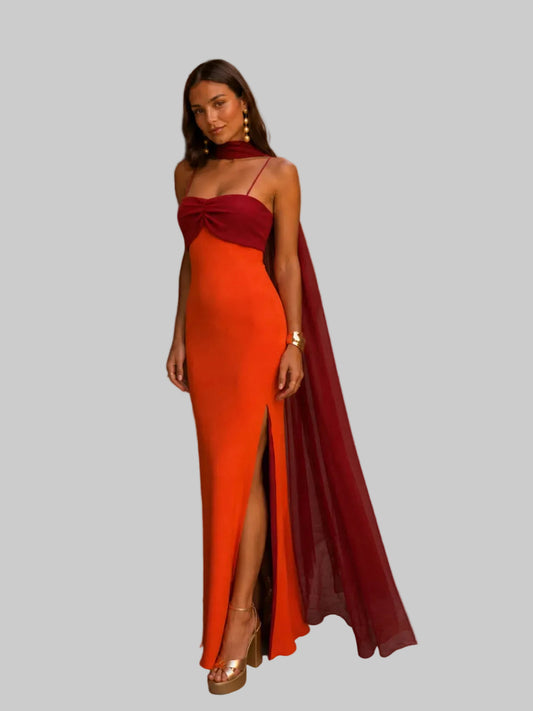 Vestido Largo dos tonos Naranja y Vinotinto