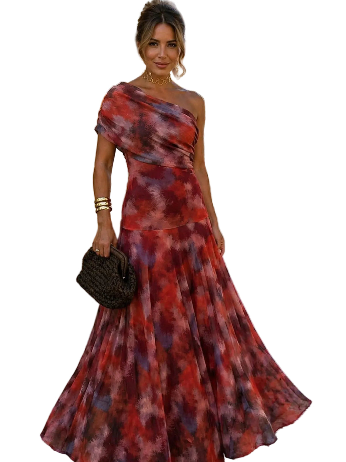 Vestido Largo de Hombro Caído con Estampado en Acuarela