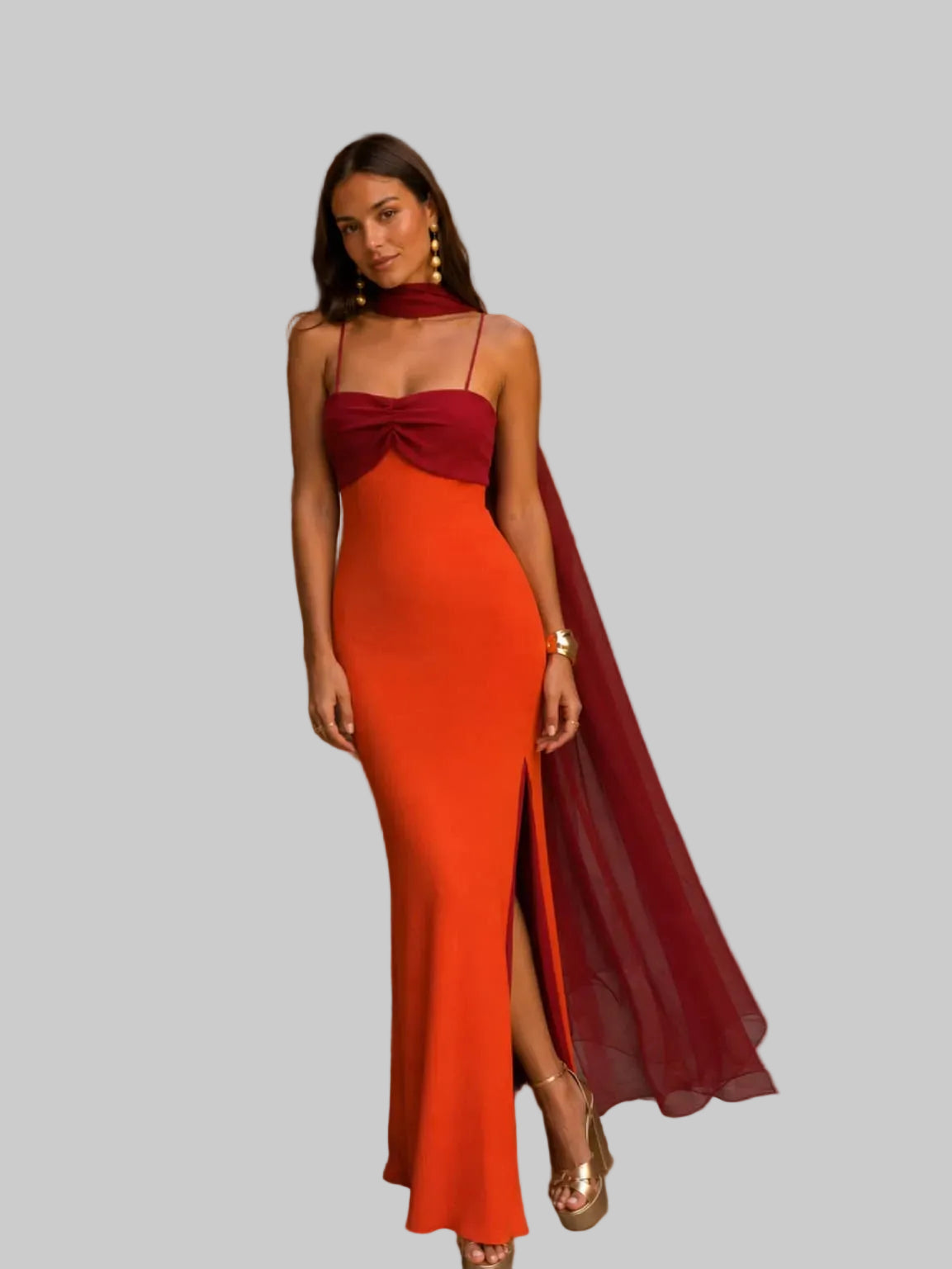 Vestido Largo dos tonos Naranja y Vinotinto