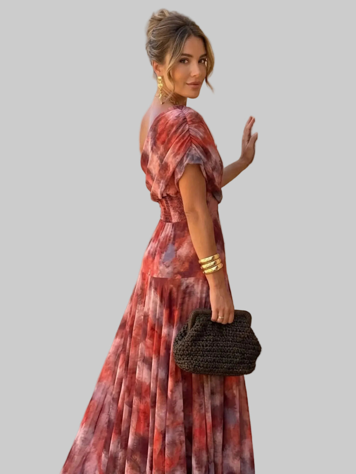 Vestido Largo de Hombro Caído con Estampado en Acuarela