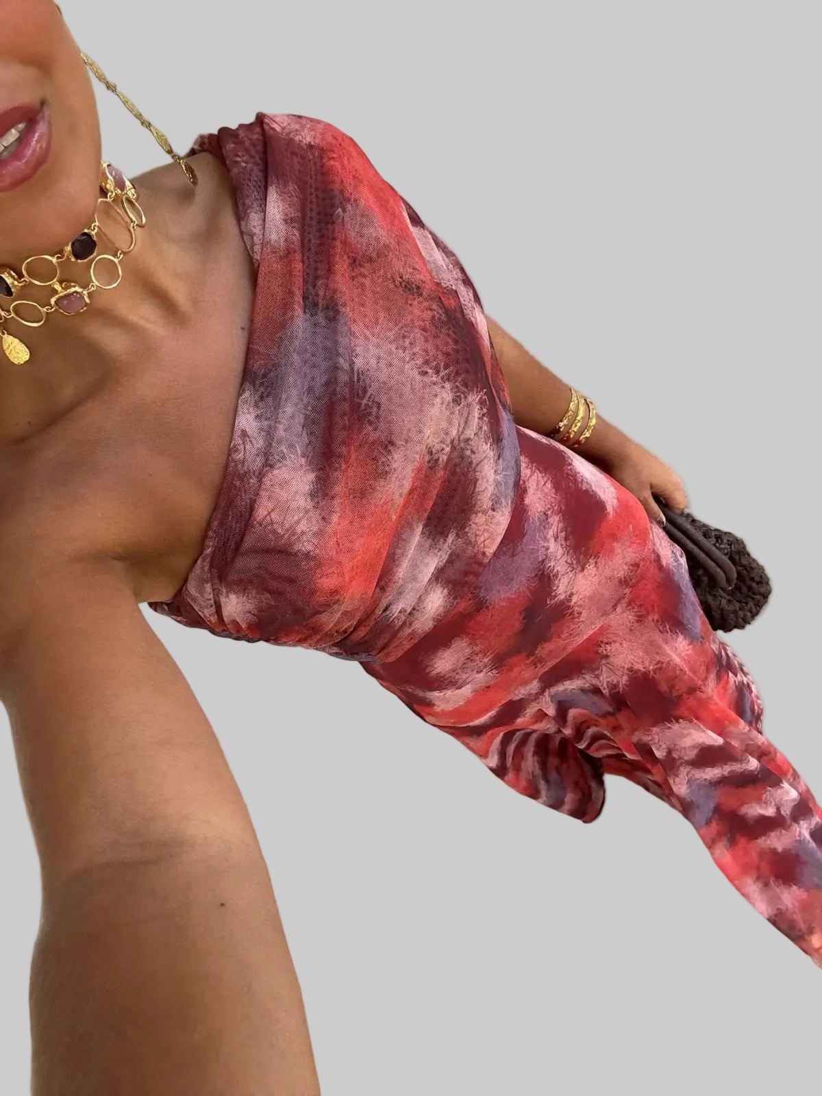 Vestido Largo de Hombro Caído con Estampado en Acuarela