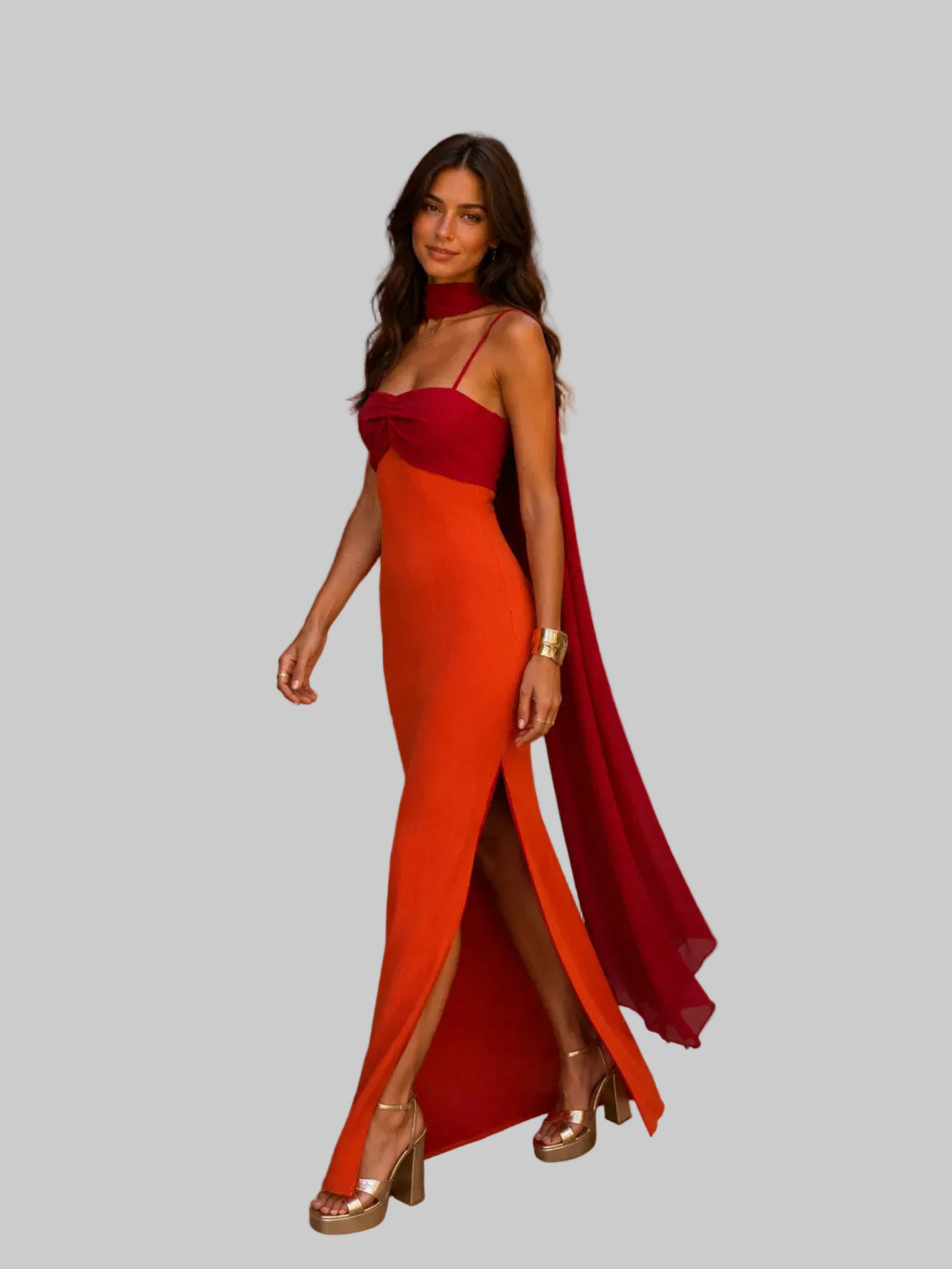 Vestido Largo dos tonos Naranja y Vinotinto