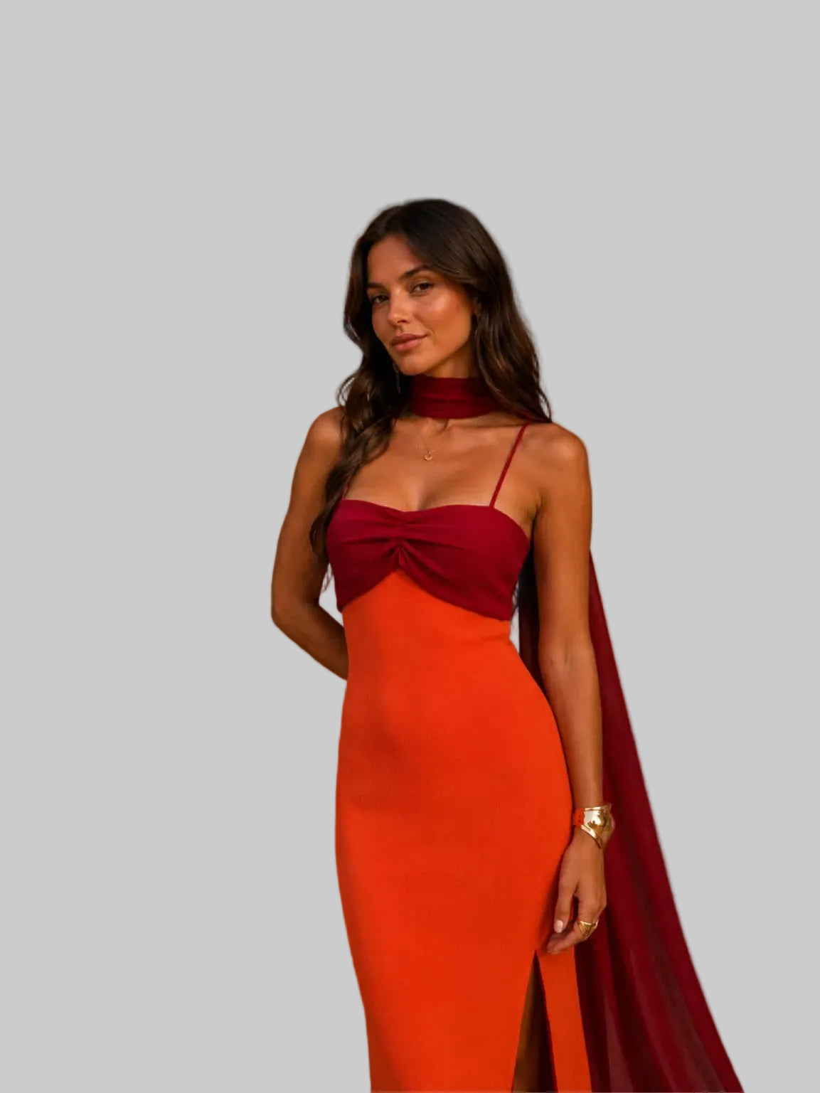 Vestido Largo dos tonos Naranja y Vinotinto