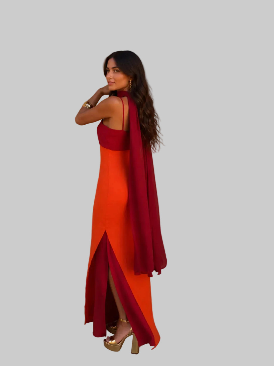 Vestido Largo dos tonos Naranja y Vinotinto