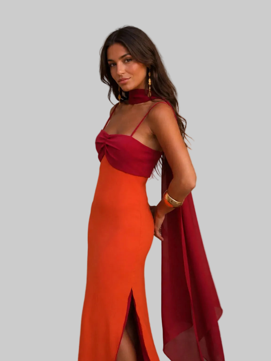 Vestido Largo dos tonos Naranja y Vinotinto