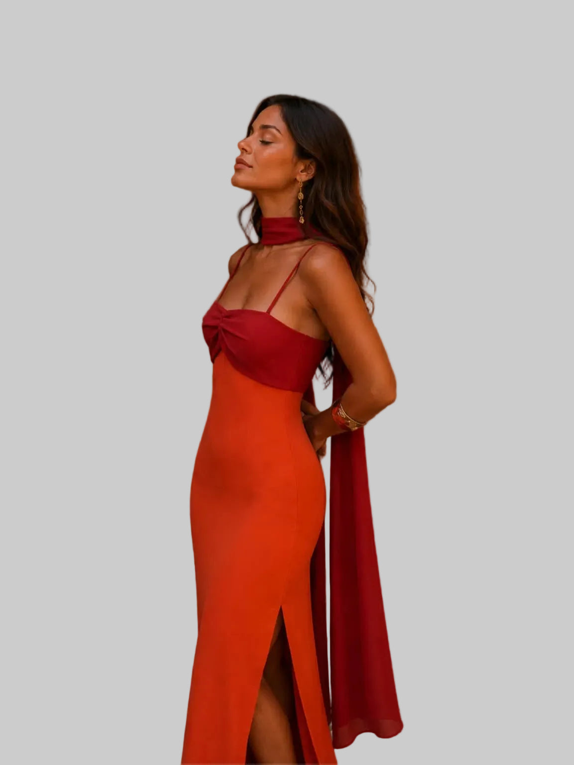Vestido Largo dos tonos Naranja y Vinotinto