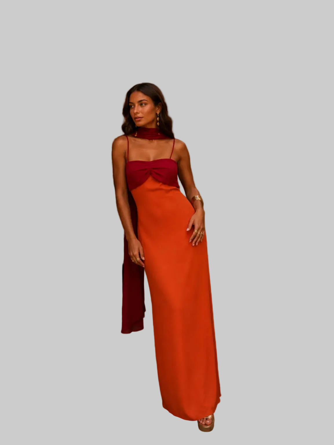 Vestido Largo dos tonos Naranja y Vinotinto