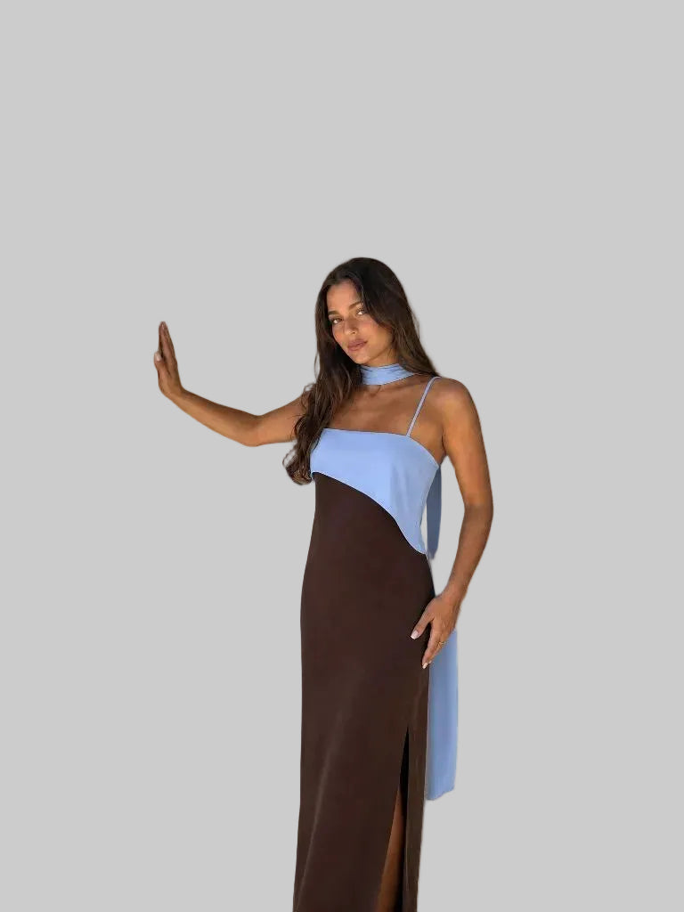 Vestido Largo Drapeado Bicolor