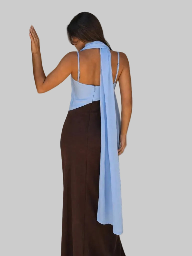 Vestido Largo Drapeado Bicolor