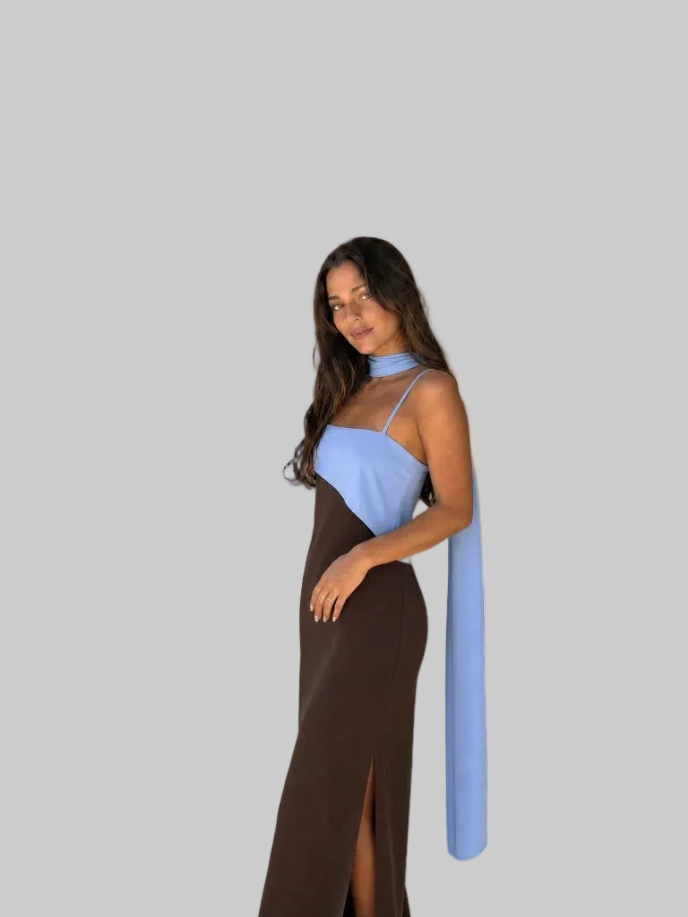 Vestido Largo Drapeado Bicolor