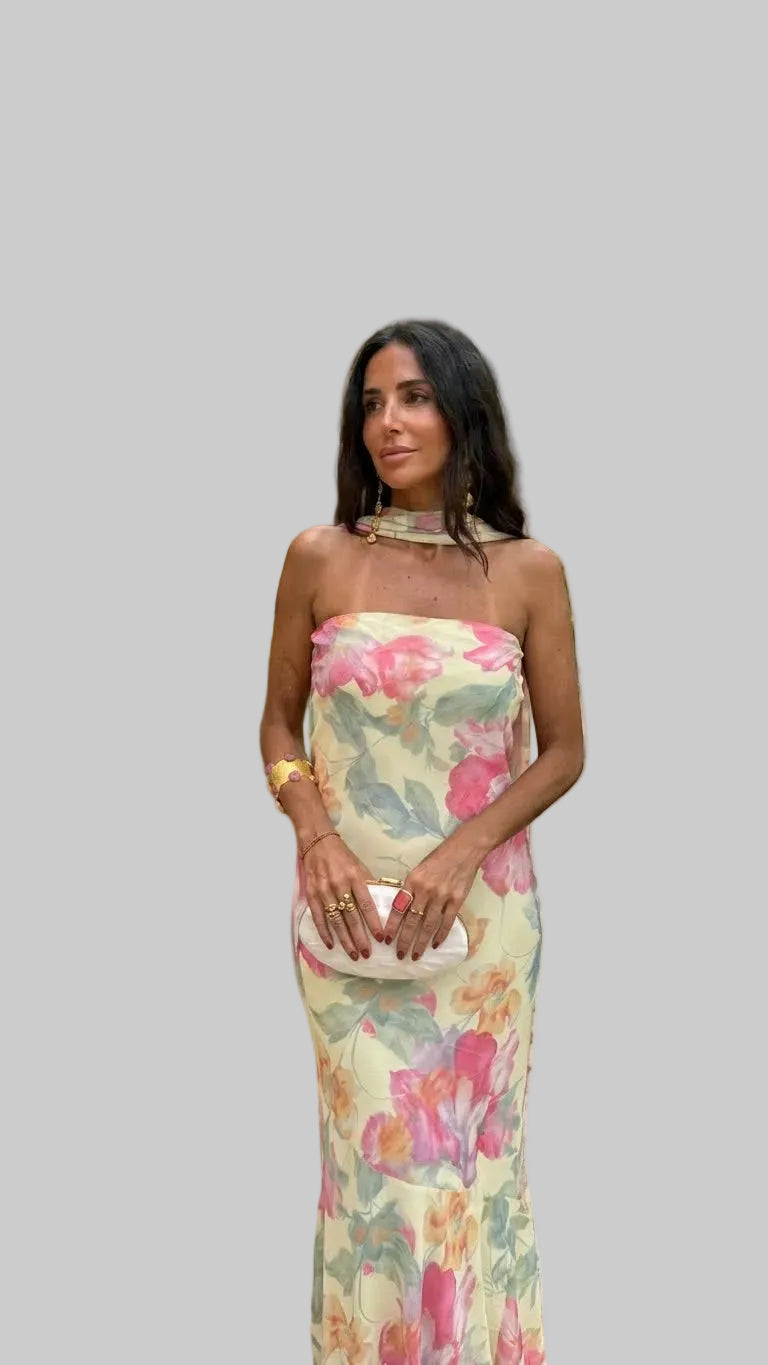 Vestido Largo Sin Tirantes Estampado Floral en Acuarela