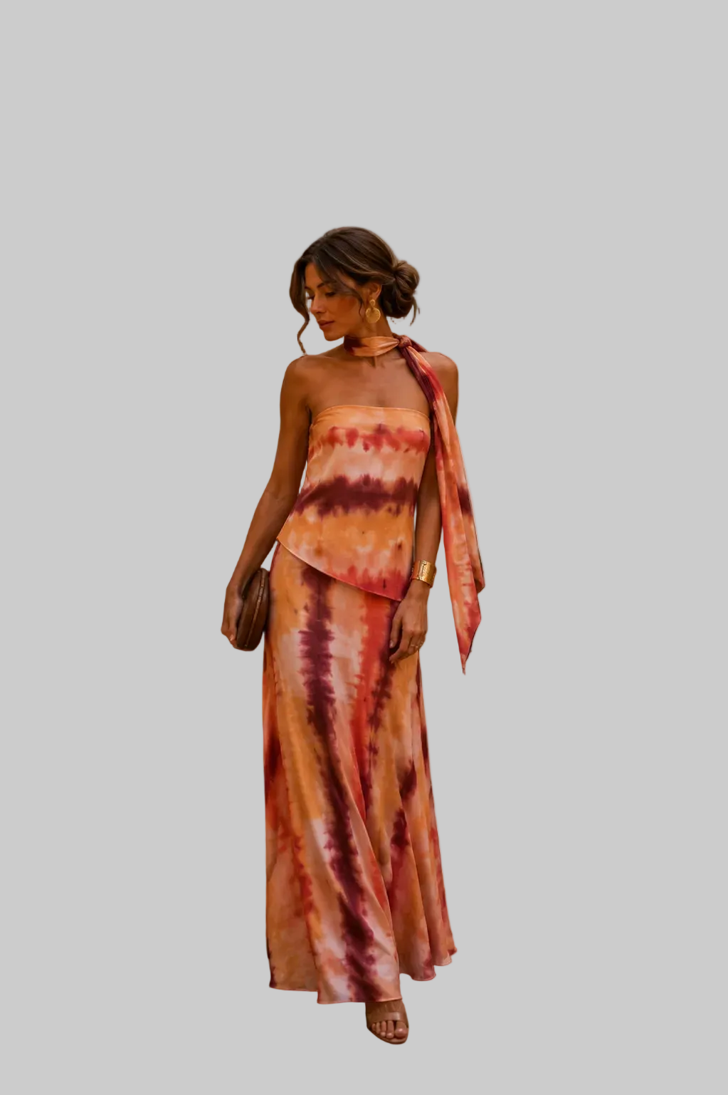 Vestido largo estampado con escote palabra de honor