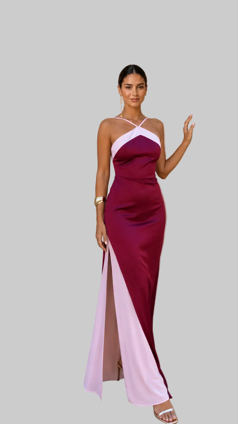 Vestido largo satinado con escote cruzado