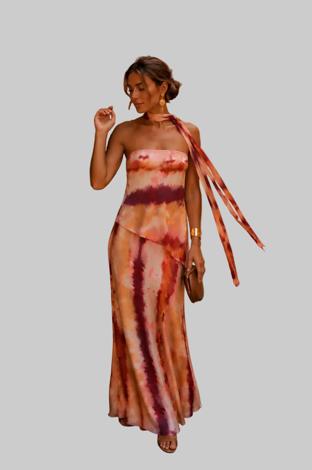 Vestido largo estampado con escote palabra de honor