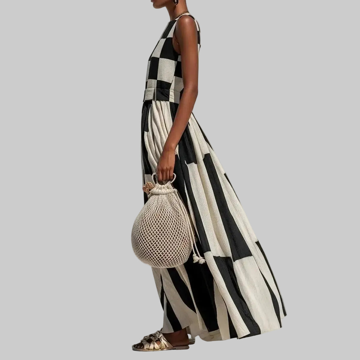 Noa Vestido Maxi Geométrico en Blanco y Negro