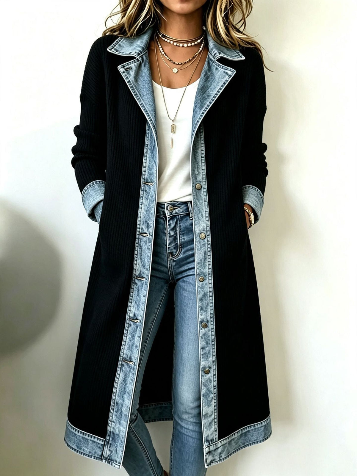Rosalinda | Cárdigan Largo de Punto con Detalles en Denim