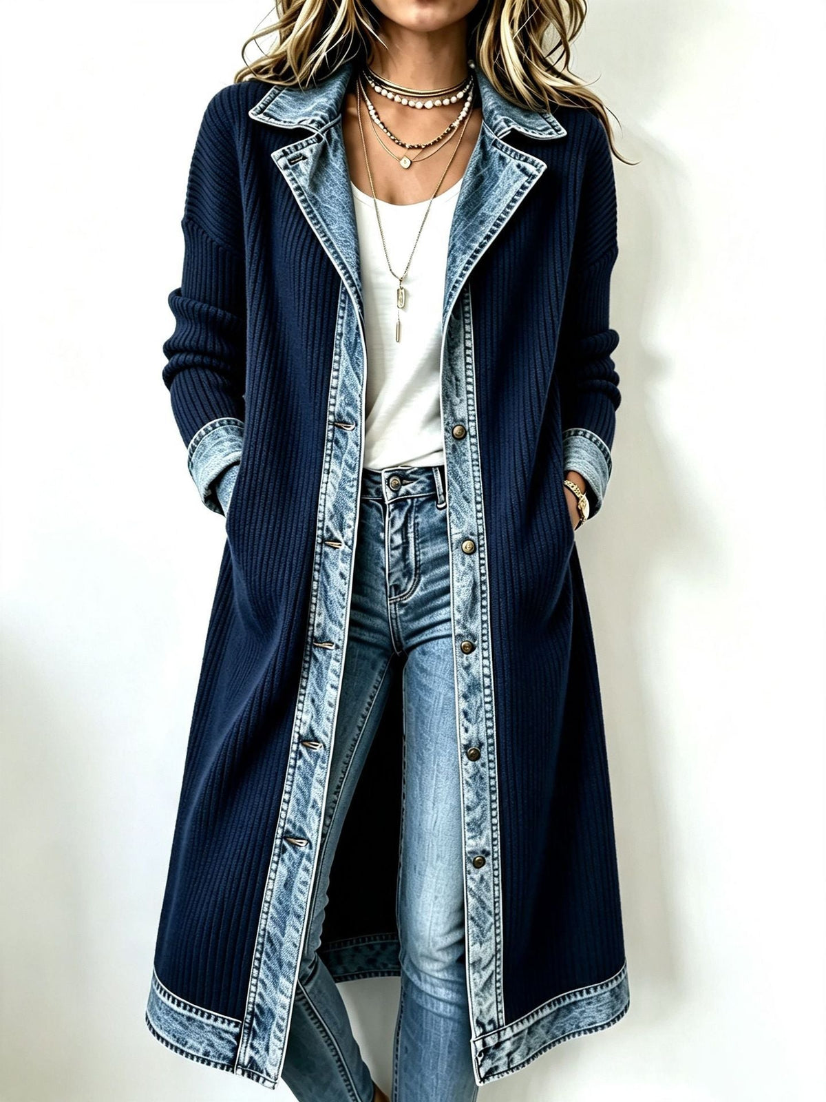 Rosalinda | Cárdigan Largo de Punto con Detalles en Denim