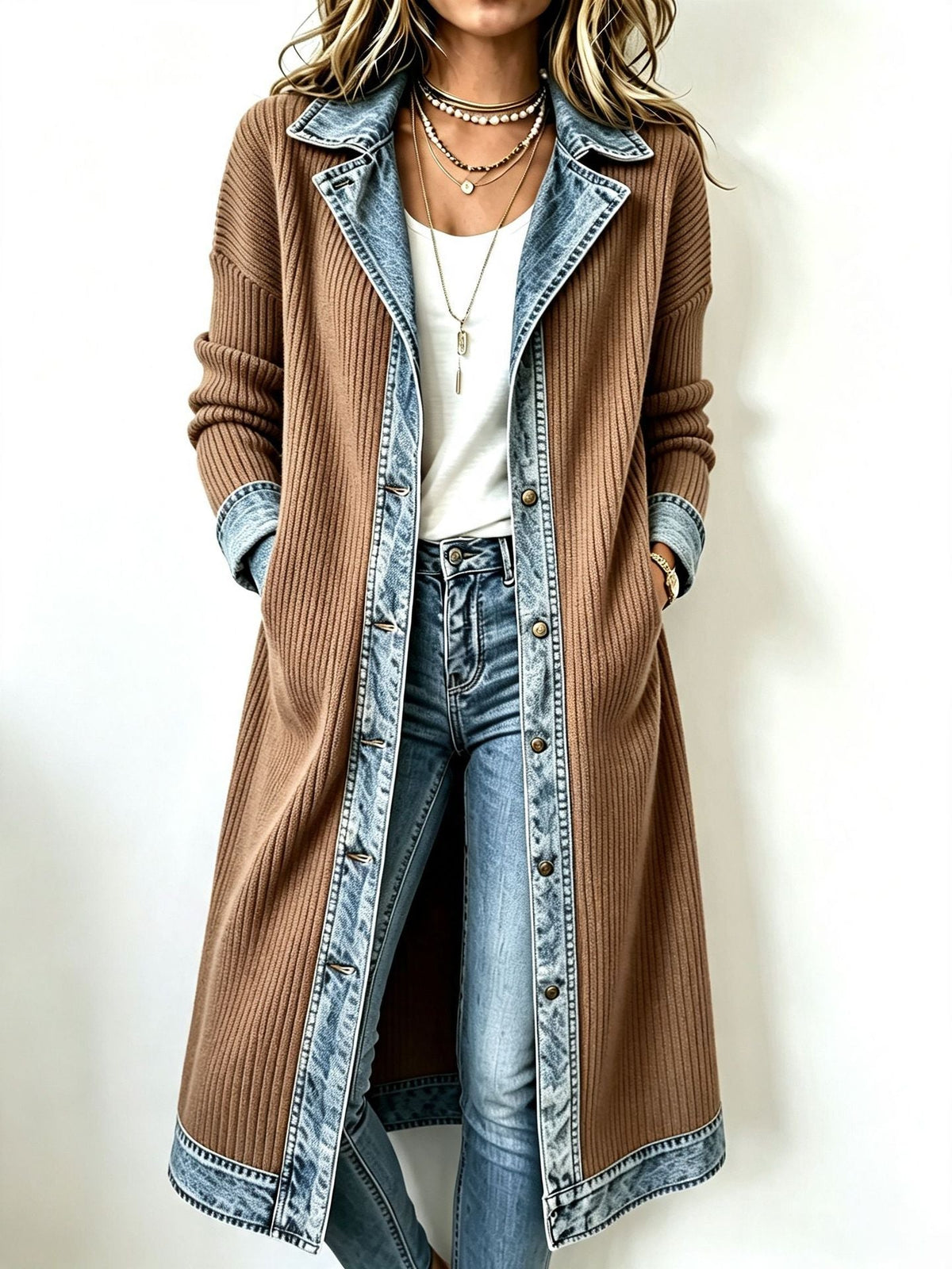 Rosalinda | Cárdigan Largo de Punto con Detalles en Denim